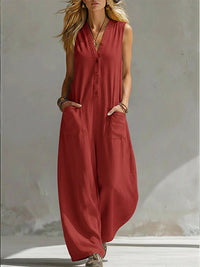 Button-Front Sleeveless Jumpsuit