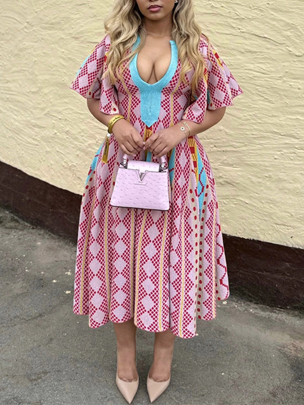 Printed V-Neck Midi Dress