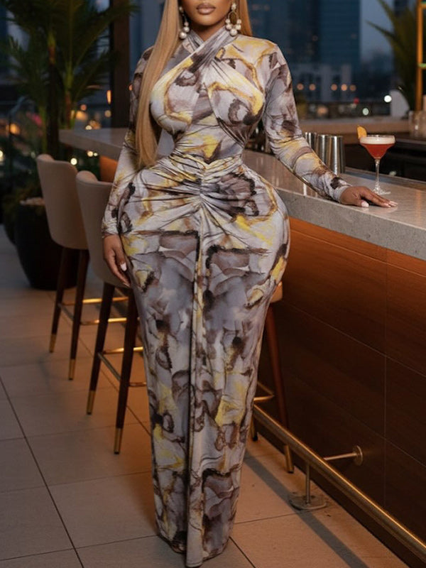 Printed Cross Ruched Maxi Dress