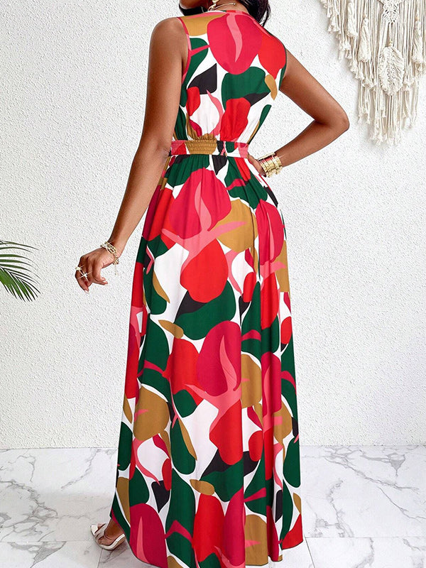 Printed V-Neck Sleeveless Maxi Dress