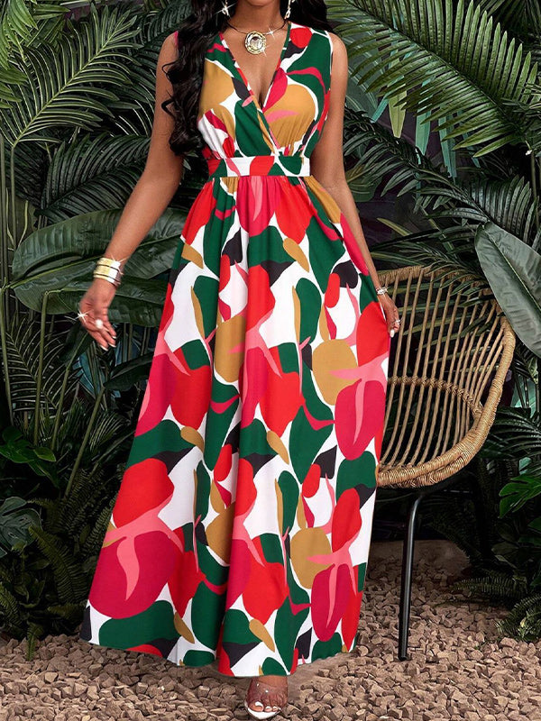 Printed V-Neck Sleeveless Maxi Dress