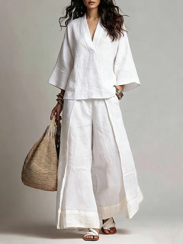V-Neck Top & Wide-Leg Pants Set