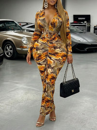 Printed V-Neck Ruched Dress