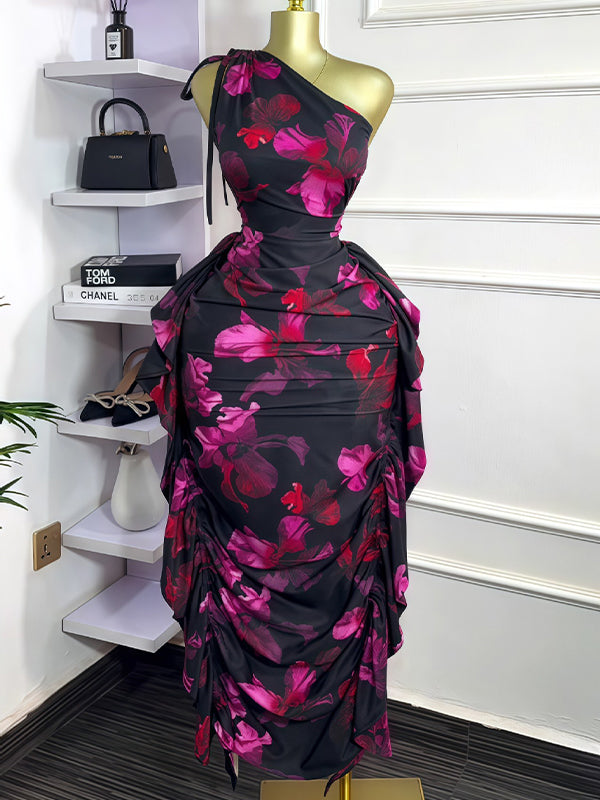 Floral One-Shoulder Ruffle Dress