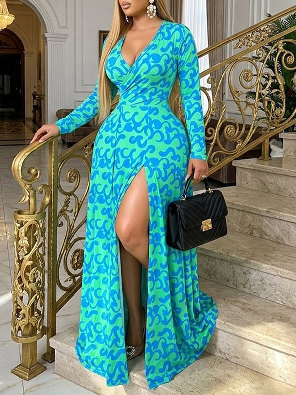 Printed V-Neck Slit Dress