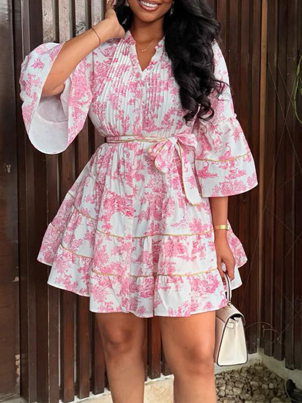 Printed V-Neck Tied Dress