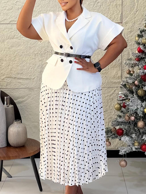 Belted Blazer & Dot Pleated Skirt Set