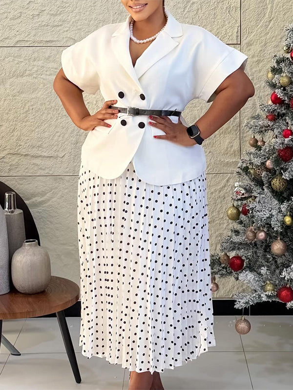 Belted Blazer & Dot Pleated Skirt Set