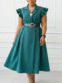 Frilled Double-Breasted Belted Dress