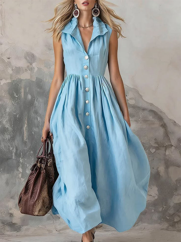 Solid Button-Front Sleeveless Dress