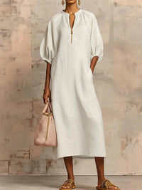 Solid Puff-Sleeve Zip-Front Dress