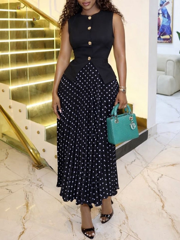 Button-Front Vest & Dot Pleated Skirt Set