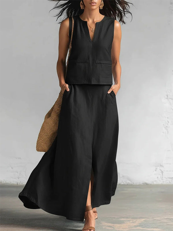 V-Neck Tank Top & Slit Skirt Set