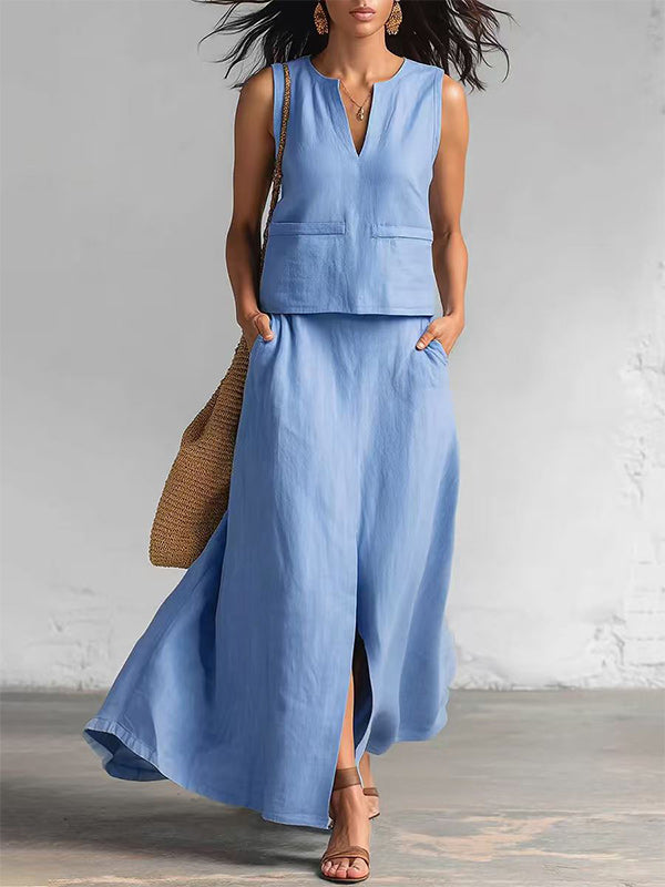 V-Neck Tank Top & Slit Skirt Set