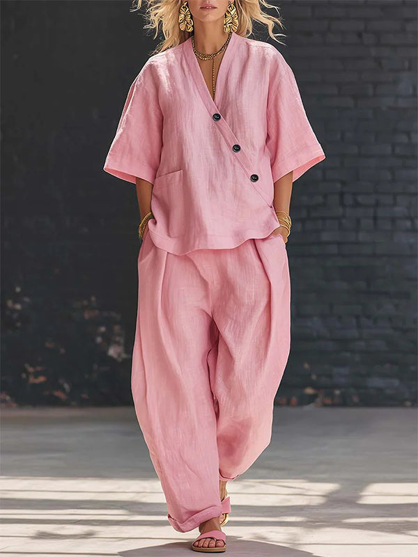 Button V-Neck Shirt & Pants Set