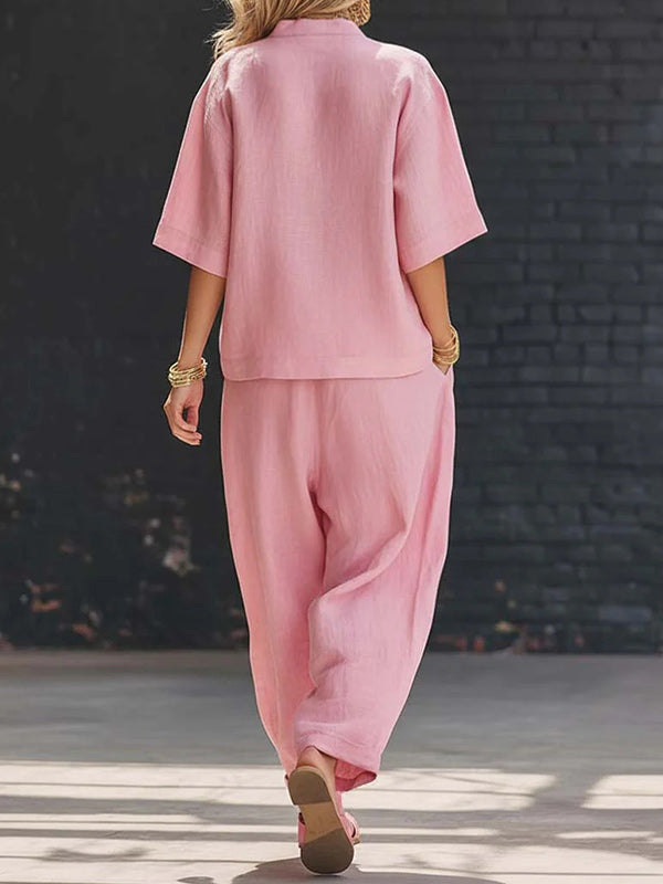 Button V-Neck Shirt & Pants Set