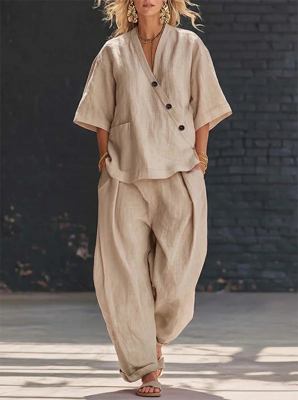 Button V-Neck Shirt & Pants Set