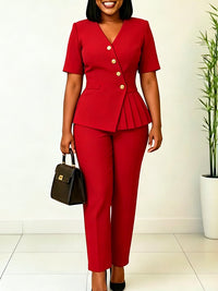 Button V-Neck Blazer & Pants Set