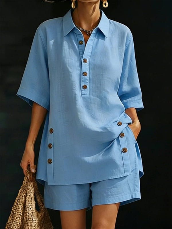 Solid Button Shirt & Shorts Set