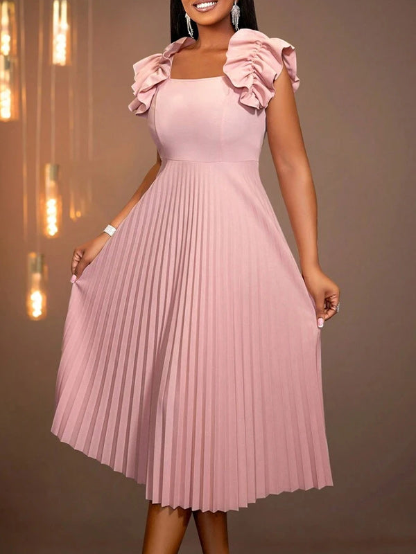 Ruffle-Shoulder Pleated Sleeveless Dress