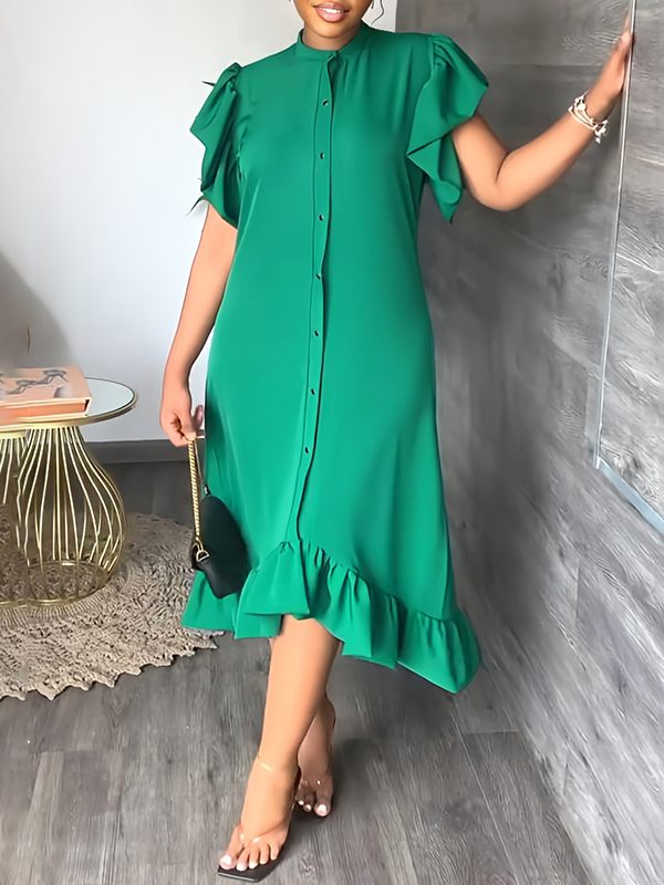 Beautiedoll Solid Ruffle Shirt Dress