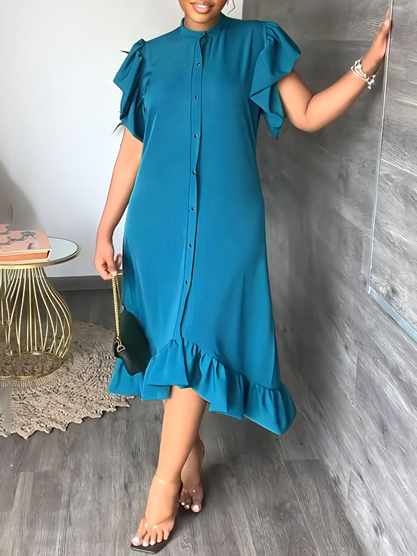 Beautiedoll Solid Ruffle Shirt Dress