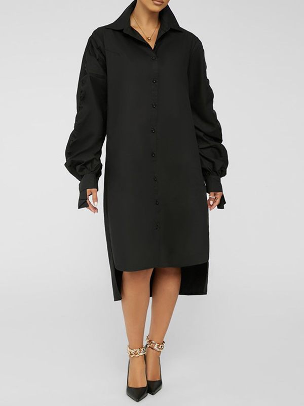 Beautiedoll Solid Ruched-Sleeve Shirt Dress