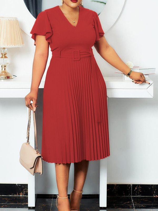 Ruffle Belted Pleated Dress