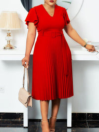 Beautiedoll Ruffle Belted Pleated Dress