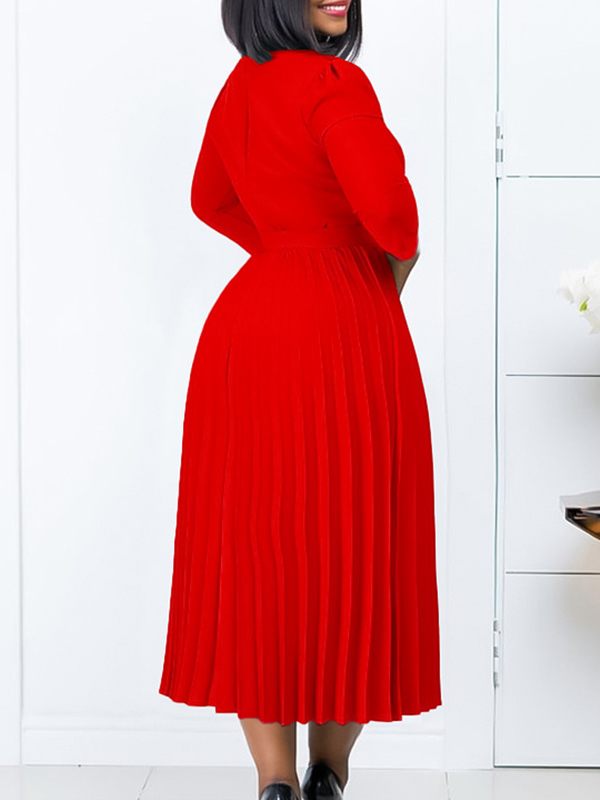 Solid Belted Pleated Dress