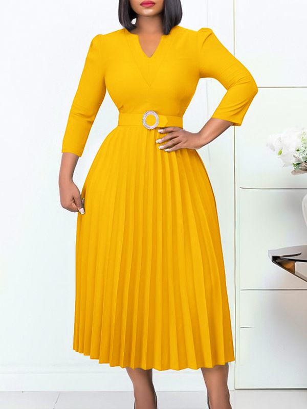 Solid Belted Pleated Dress