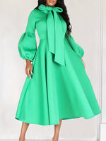 Solid Tied-Neck Puff-Sleeve Dress