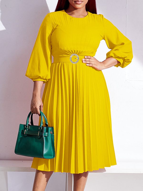 Solid Belted Pleated Dress