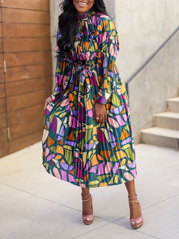 Beautiedoll Printed Tied Pleated Dress