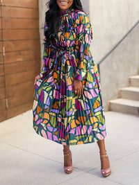 Printed Tied Pleated Dress--Clearance