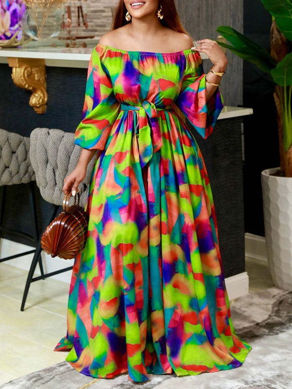 Beautiedoll Printed Off-Shoulder Tied Dress