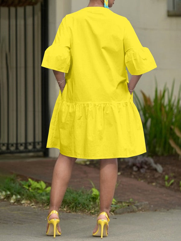 Beautiedoll Solid Bell-Sleeve Shirt Dress