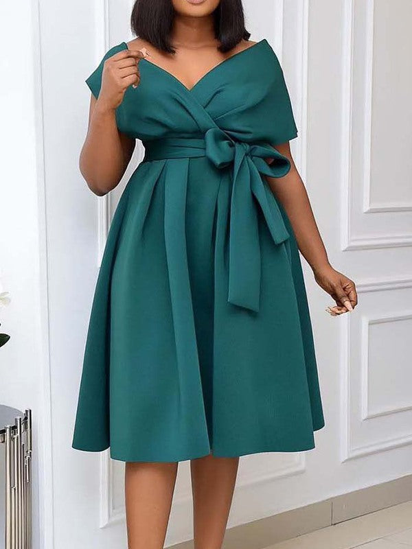 Beautiedoll Solid V-Neck Tied Dress