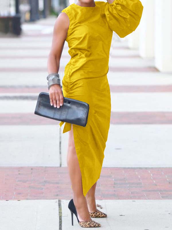 Solid One-Sleeve Slit Dress