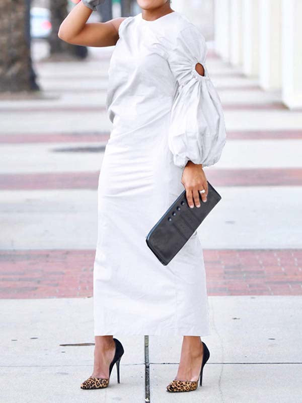 Solid One-Sleeve Slit Dress