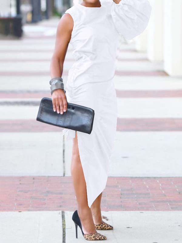 Solid One-Sleeve Slit Dress