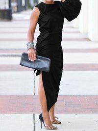 Solid One-Sleeve Slit Dress