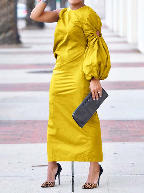 Solid One-Sleeve Slit Dress