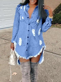 Ripped Button-Down Denim Shirt Dress