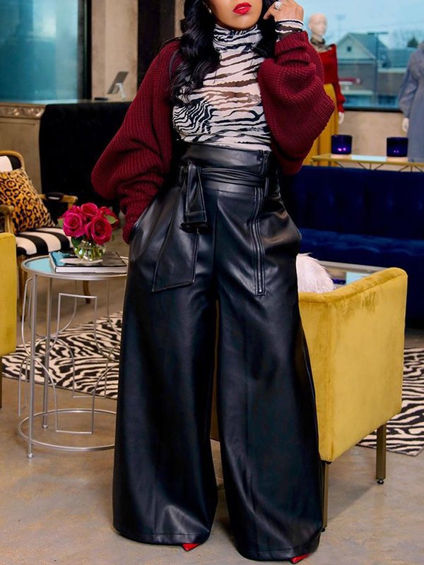 Faux-Leather Wide-Leg Belted Pants